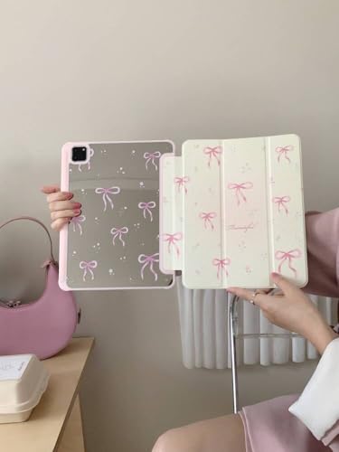 Auto Sleep/Wake Leather Folio Case with Kickstand Stylus Holder for Apple iPad 10.9-Inch 10 10th Generation 2022 White Pink Bow Floral Beautiful Cute Chic Adorable Lovely Girls Kids