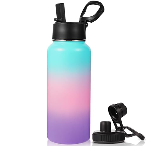 Neihepal 32 oz Insulated Water Bottle with 2 Lids (Straw & Spout Lid), 18/8 Stainless Steel Double Wall Water Bottles for Gym, Travel, Camping, Sports (Gradient Color,1Pack)
