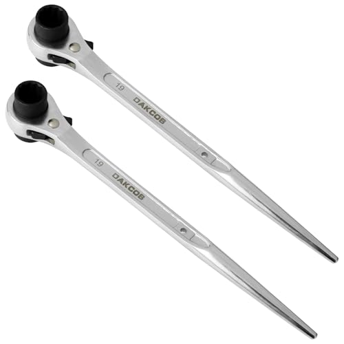 DAKCOS 19mm x 21mm Ratchet Podger Spanner 2 Pack Scaffold Spanner Steel Erect Wrench (Silver Tone)