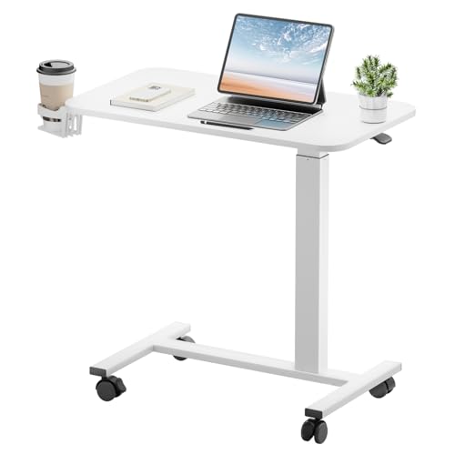 GTPLAYER Small Standing Desk with Lockable Wheels, Pneumatic Mobile Rolling Laptop Desk,Adjustable Height Overbed Bedside Table Computer Workstation for Home Office (28' W x 16' D, White)