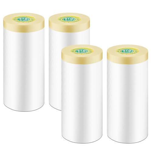 Image of 4 Rolls Painters Plastic with Tape, 3.6Ft x 65Ft Pre-Taped Masking Paper for Painting Automotive Masking Film Paint Adhesive Protective Film Roll for Painting Covering Walls Windows Auto Body