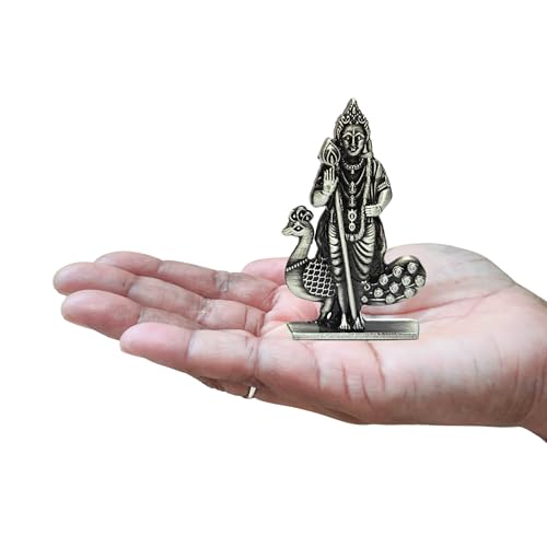 Image of anciently Murugan Statue for Car Dashboard | Kartikeya Idol for Car Dashboard, Metal, 1 Piece (Silver Colour), Murugar Statue For Car