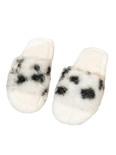 MakeMeChic Women's Cute Cow Print Faux Fur Home Slippers Open Toe Fuzzy Indoor Shoes
