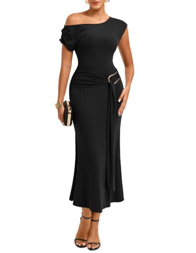 GRACE KARIN Women's 2026 Summer Formal Dresses One Shoulder Bodycon Ruched Dresses Elegant Wedding Guest Cocktail Maxi Dress Black XXL