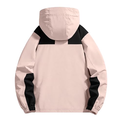 Image of Color Block Waterproof Hooded For Men Rain Shell Jacket Windproof Coat With Adjustable Drawcord Hood & Velcro Cuffs Packable Zip Up Hiking Camping And Fishing Outdoor Activities Pink L
