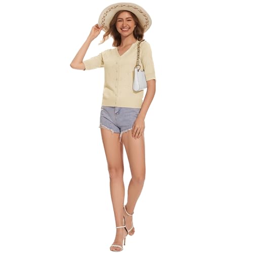 Image of Women's Short Sleeve V Neck Shrugs Button Down Knit Cropped Cardigan Sweater Tops