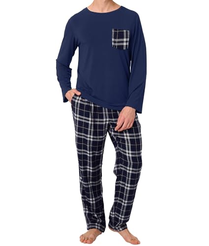 BAMBOO COOL Mens Christmas Pajamas Set Plaid Pjs Pijama Soft Lightweight Sleepwear Long Sleeve Woven Pants with Pockets