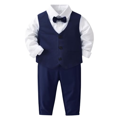Image of Baby Boys Gentleman Suits 4 PCS Kids Formal Wedding Tuxedo Outfits Long Sleeve Shirt with Bow Tie+Vest+Pants Set