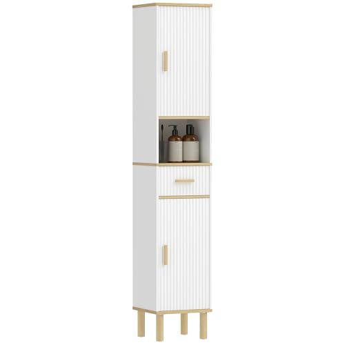 HOMCOM Meuble Colonne Salle de Bain, Meuble de Rangement étroit avec 2 Portes, tiroir, Compartiment Ouvert et étagère réglable, pour Toilette, Petits espaces, 31,5 x 29,7 x 171,5 cm, Blanc
