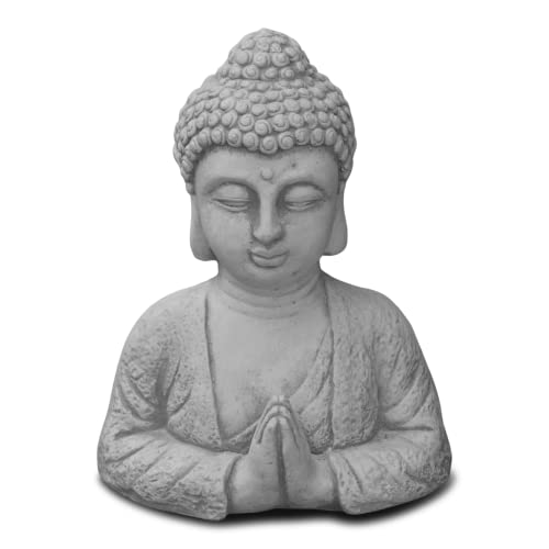 gartendekoparadies.de Buste de Bouddha avec geste Namaste - Figurine en pierre - Hauteur : 30 cm - 7 kg - Résistant au gel - Pour l'extérieur - Gris