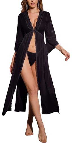 [Maeau] レディース ネグリジェ セクシー ベビードール 2点セット レース ロング スリット 透け感 人気 Vネック Tバック付き 下着 ナイトウェア シースルー 大人 - 画像1