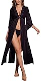Maeau - Damen Spitze Transparent Tüll Dessous Morgenmantel Set Kimono Hoher Schlitz mit G-String XXL Schwarz