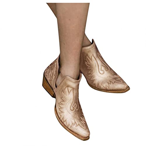 Hbeylia Western Cowgirl Cowboy Boots For Women Ladies Ethnic Boho Vintage Leather Round Toe Chunky Block Mid Heels Slip On Ankle Booties Casual V Cut Dress Short Boots For Christmas Party Decoration