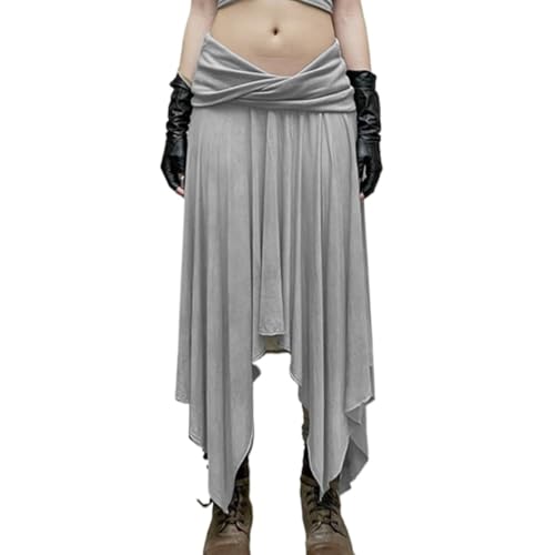 Women's Y2K Asymmetric Hem Ruched Mid Skirt Low Waisted Ruffles Mid Long Skirt Loose Flowy Elastic Waist Skirt