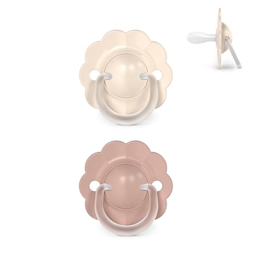Suavinex, Lot 2 Sucettes Bébé 0/6 Mois et Nouveau-nés, Tétine Symétrique SX Pro en Silicone, Réversible, Plate, Flexible, Respecte le Développement Buccodentaire, Forme Ronde avec Anneau, Beige + Rose