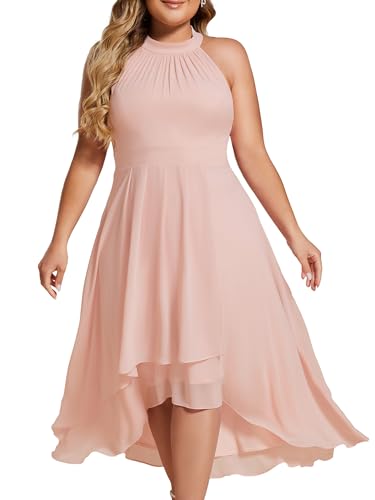 Image of Ever-Pretty Plus Women's Sleeveless Halter A Line Pleated High Low Plus Size Wedding Guest Cocktail Dresses 31926-DA