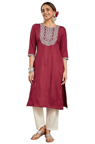 Image of Janasya Women's Rayon Embroidered Straight Kurta