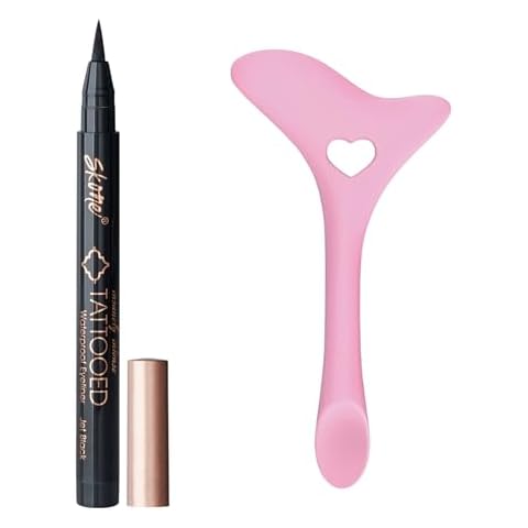 Skone Cosmetics Tattooed Eyeliner & Stencil Duo - Waterproof, Smudge Proof Felt Tip Liquid Eyeliner & Easy to Use Multifunctional Eyeliner Aid Stencil Tool Guide for Mascara Shield Applicator Guard, L Cover