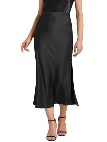 Allegra K Women's Satin Midi Skirt High Waist Elastic Waistband Split Casual A-Line Long Skirts 2025