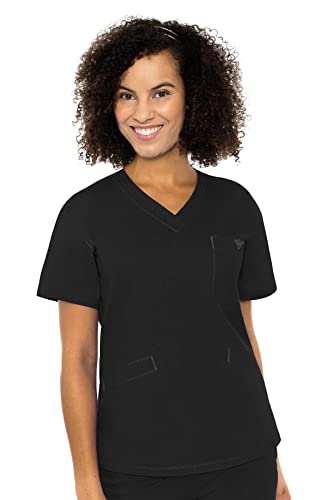 Med Couture V-Neck Signature Three Pocket Top for Women, Black, Small