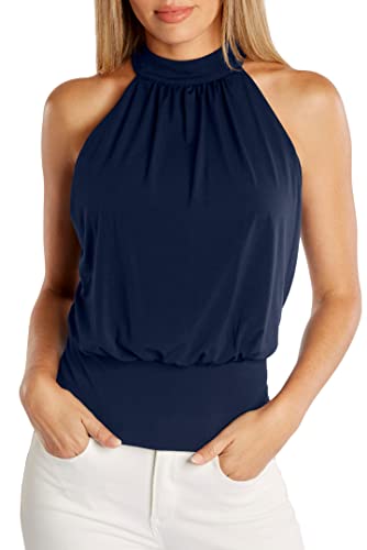 Halter Banded Bottom Mock Neck Top (Navy, Small)