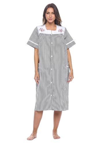 Image of Casual Nights Women's Snap - Front House Dress Short Sleeve Woven Housecoat Duster Lounger Robe with Pockets