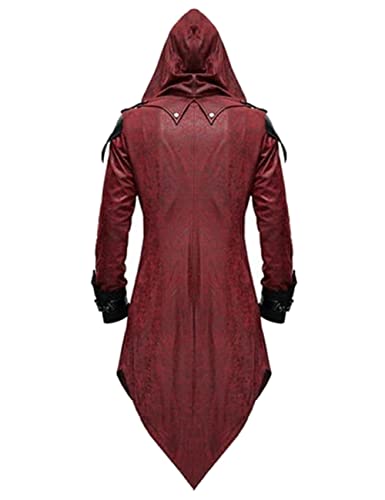 Men's Medieval Tailcoat Steampunk Vintage Spliced Hooded Trench Zipper Coat Gothic Dark Halloween Costume