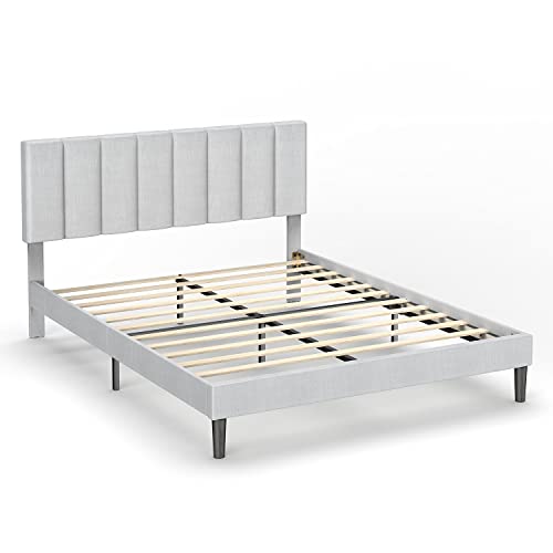 Swagitloud Bonsoir Queen Size Bed Frame Modern Vertical Panel Upholstered Low Profile Platform With Tufted Headboard/No Box Spring Needed/No Skirt Needed/Linen Fabric Upholstery/Light Grey (Yf001Gry) #TOP6