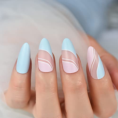 Echiq Sky Blue Matte Press On Nail With Pink Ripple Wearable Medium Length Acrylic Fake Nails Reusable Full Cover Coffin Artificial Nature False Stick On Nail Art Tips For Women Ladies Girls Gift 24Pcs/Set #TOP6