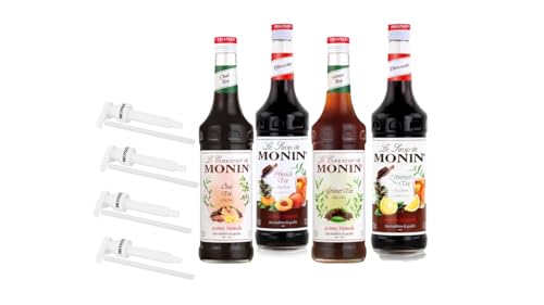 Monin Tea - Tee Probierpaket (4 x 0,7l) - inkl. 4 Pumpen für aromatische Teegetränke mit Chai - Grüntee - Pfirsich und Zitrone