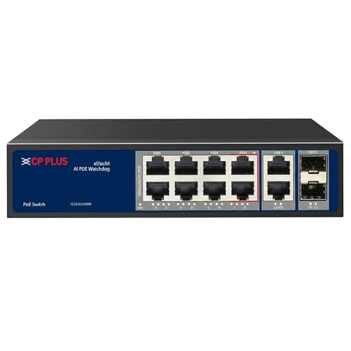 Image of CP Plus AI PoE Switch | 8 Gigabit PoE Ports + 2 Gigabit Uplink Ports + 2 SFP Slots | 120 W PoE Budget | H /W IP65 Outdoor | AI Watchdog & 6 kV Surge Protection [CP-ANW-GPU8G2F2-N12]