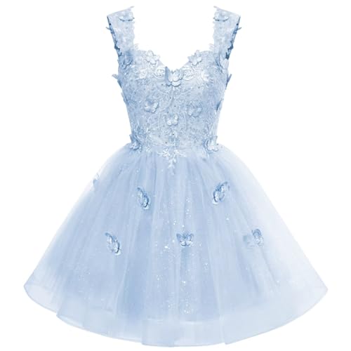 Women's Glitter 3D Butterfly Homecoming Dresses Lace Tulle Sequin Short Prom Dress