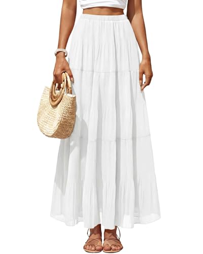 Yewanka Womens Chiffon Pleated Maxi Skirt Elastic High Waisted Boho A-Line Fall Flowy White Long Skirts with Lining