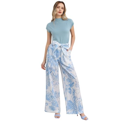 CHICWISH Women Wide Leg Pants Floral Printed High Elastic Waist Belted Summer Casual Long Trousers with Pockets2