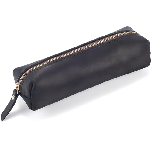 GORGECRAFT Leather Pencil Case Crazy Horse Large Capacity Genuine Leather Pencil Pouch (Black) Rectangular Portable Zippered Pen Cases with Zipper for Men and Women Office Supplies Pen Case