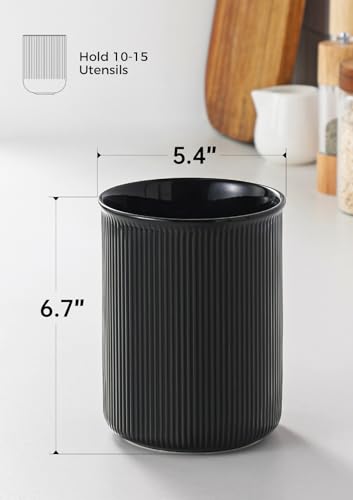 Image of LoeJan Utensil Holder, Extra Large Utensil Crock, Stable Ceramic Utensil Organizer, Cooking Tool Organizer Set for Kitchen Counter Farmhouse Decor (F-6.7 inch Black)