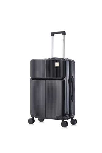 [ATX LUGGAGE] スーツケース フロントオープン 軽量 耐衝撃 ハードキャリーバッグ 静音ダブルキャスター TSAロック搭載 隠しフック付き ビジネス出張 海外 旅行 ファスナータイプ (ブラック、4～7泊/63L)