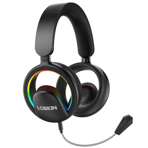 LOBKIN Bluetooth Headset mit Mikrofon, Kabellos Headset Bluetooth 6.0 mit Abnehmbarem Mikrofon,Open On Over Ear Wireless Kopfhörer mit Kabel und Einstellbarer RGB-Beleuchtung,für Büro, Treffen,Gaming