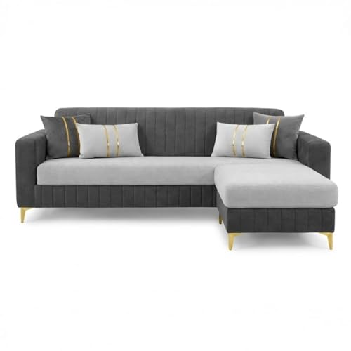 Image of CASASTYLE Noviq 4 Seater L Shape Sofa Set with Movable Ottoman | Flexible Left or Right Layout | Cozy Velvet Fabric | Soft Touch Seating | Modern Designer Sofa for Living Room (Dark Grey-Light Grey)