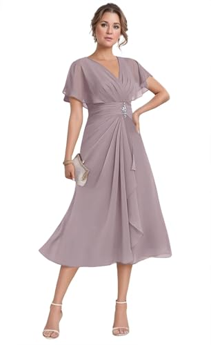 Tea Length Mother of The Bride Dresses for Wedding Short Sleeve V Neck Chiffon Formal Evening Gown for Women