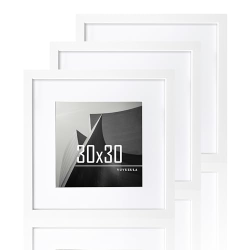 VUVUZULA Bilderrahmen 30x30cm Weiß Holz Quadratisch Fotorahmen Holzrahmen MDF Rahmen mit Passepartout 20x20cm 3er Set