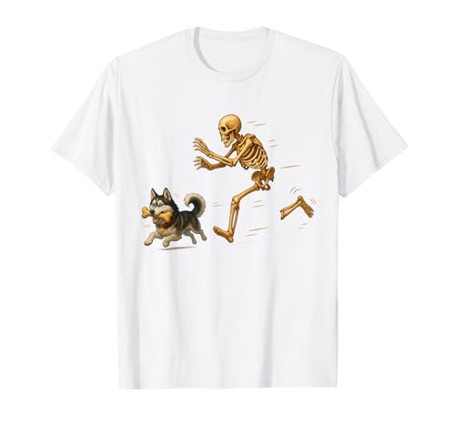 Funny Husky Halloween Steal Bone Skeleton Chase Spooky Husky Maglietta