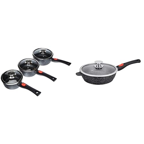KAMBERG Set 3 Casseroles & Sauteuse 28 cm, Fonte d'Aluminium, Revêtement Pierre