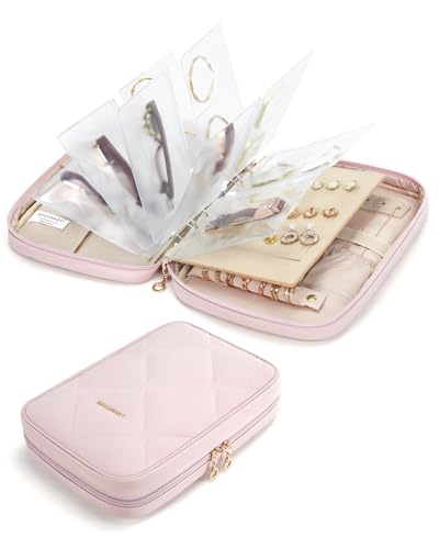 BAGSMART Estojo de viagem de joias, livro de armazenamento de fichário com bolsos transparentes, organizador com zíper para colar, brincos, anéis, pulseira, rosa