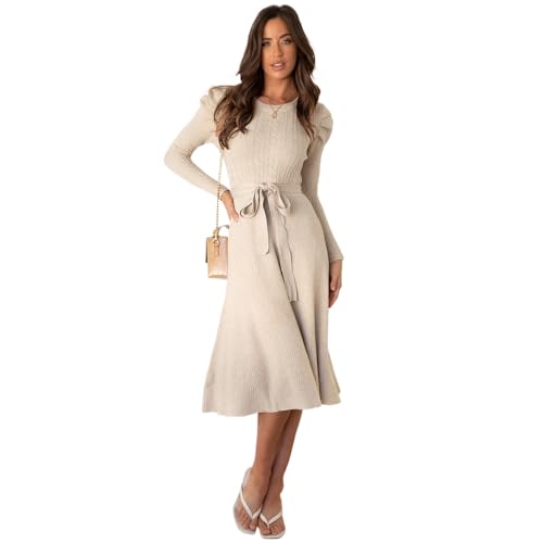 LOUSEA Womens Apricot Knit Dresses Crewneck Aline Tie Waist Fall Midi Dress  Long Sleeve Ribbed Knit Dress 2024 Sweater Dress Trendy Outfits Fall Dress  for Wedding Guest (LQ163-apricot-S) at Amazon Women's Clothing