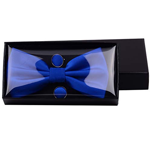 Gusleson Mens Pure Color Pre-Tied Blue Bow Tie Pocket Square And Cufflink Set (0570-08) #TOP5