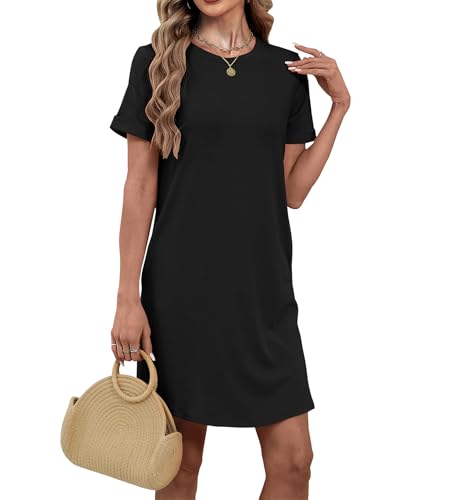Image of Bluetime Womens T Shirt Dresses Casual 2026 Summer Short Sleeve Loose Vacation Dress with Pockets