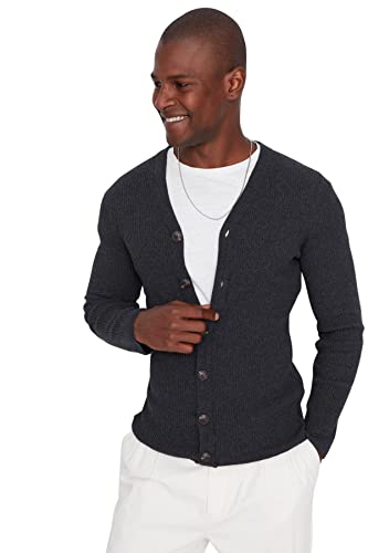 Trendyol Man Plus Size Slim Standard V-Neck Woven Cardigan Maglione, Grigio, M Uomo