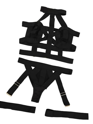 Lilosy Sexy Chocker Halter Cutout Strappy Rave Outfits Push Up Garter Belt Women Mesh Sheer Lingerie Set Harness Bra Panty3