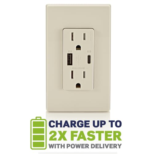 Image of Leviton T5634-T 60W (20V@2.5A+ 5V@2A) USB Dual Type A /Type-C Power Delivery in-Wall Charger with 15A Tamper-Resistant Outlet, USB Charger for Smartphones, Tablets, Laptops, Light Almond
